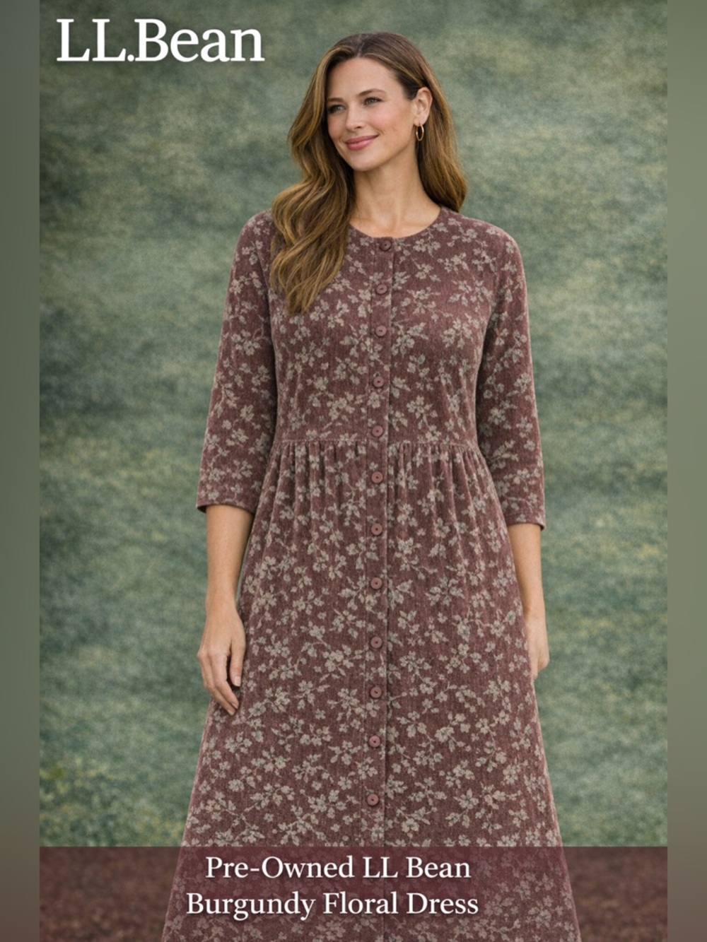 L.L. Bean Rose-Mauve Floral Button-Front Long Dress Textured